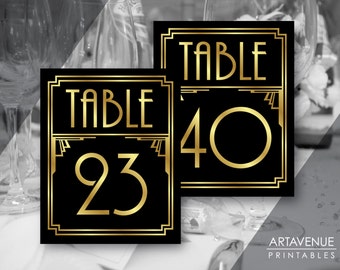 Printable Art Deco Table Number Signs 21-40, Gatsby Wedding, Roaring 20s Party Decor, Art Deco Party Supplies - Black and Gold - ADBG1