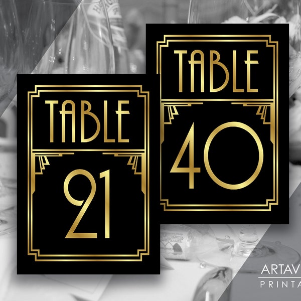 Art Deco Table Numbers Sign Printables | 5x7 Table Numbers 21-40 | Black and Gold Art Deco Gatsby Party Roaring 20's Wedding - ADBG1