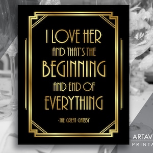 Gatsby Party Decor Printable Sign, Great Gatsby Love Quote, Roaring Twenties, Art Deco 1920&#39;s Wedding Jpg Svg, Instant Download AA9