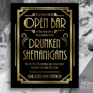 Art Deco Open Bar Drunken Shenanigans Quote Sign Printable, Roaring Twenties Great Gatsby Wedding Party, Instant Download ADBG1