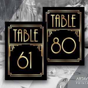 Art Deco Wedding Sign Download, Art Deco Table Numbers, 5x7 Table Numbers 61-80, Black and Gold Gatsby Party, Roaring 20&#39;s Wedding - ADBG1