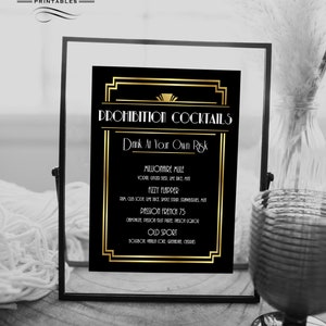 Prohibition Cocktails Menu Template | Gold Gatsby Wedding Bar Menu Templett | Roaring 20s Gatsby Party Bar Sign Printable EDITABLE #004 AD5