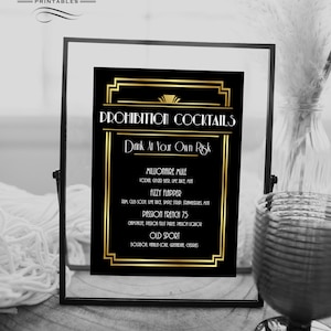de menu Cocktails interdits | Menu de bar mariage Gatsby doré Templett | Enseigne de bar Party Gatsby des années folles, imprimable MODIFIABLE #004 AD5