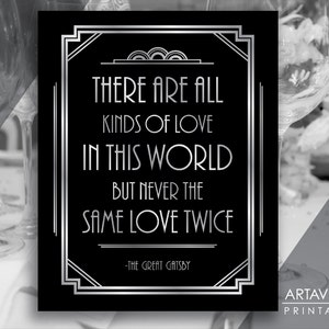 Gatsby Party Decor Printable Sign, Never the Same Love Twice, Roaring Twenties, Art Deco Party Supplies - Black and Silver - ADBS1