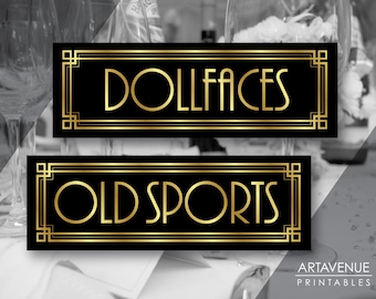 Gatsby Theme Dollfaces and Old Sports Printable Signs, Gatsby Wedding, Roaring Twenties, Art Deco Party Supplies - Black and Gold - ADBG1