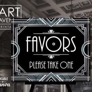 Favors Please Take One Sign Printable, Silver Blue Art Deco Party Bar Decorations, Roaring 20&#39;s Party, Editable Vector Art Download AA191SB