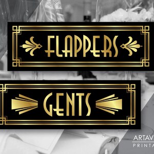 May include: Two black and gold signs with an Art Deco design. The top sign says "FLAPPERS" and the bottom sign says "GENTS".