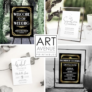 May include: Four printable signs with a black and gold art deco design. The signs include a wedding welcome sign, a bridal shower invitation, a signature cocktails sign, and a prohibition cocktails sign.