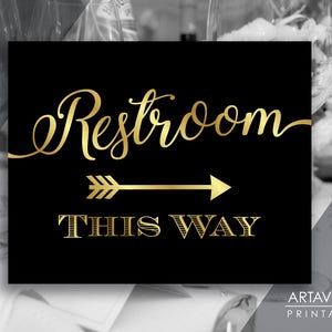 Chic Black and Gold Party Signs | Restroom This Way Sign | Restroom Sign Printables | Restroom Arrow Signs | Wedding Sign Downloads SCBG69