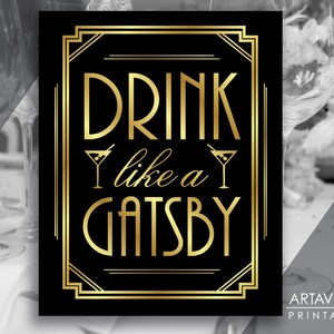 Letrero imprimible para fiesta de Gatsby con la frase "Beber como Gatsby", fiesta de Gatsby, decoración para fiesta de los locos años veinte, boda de los años 20 en formato jpg y svg, descarga instantánea AA1