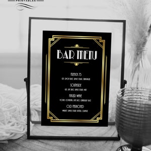 Art Deco Bar Menü Vorlage | Gold Gatsby Hochzeit Bar Menü Templett | Roaring 20s Gatsby Party Bar Zeichen Druckbare Vorlage EDITIERBAR #003 AD1