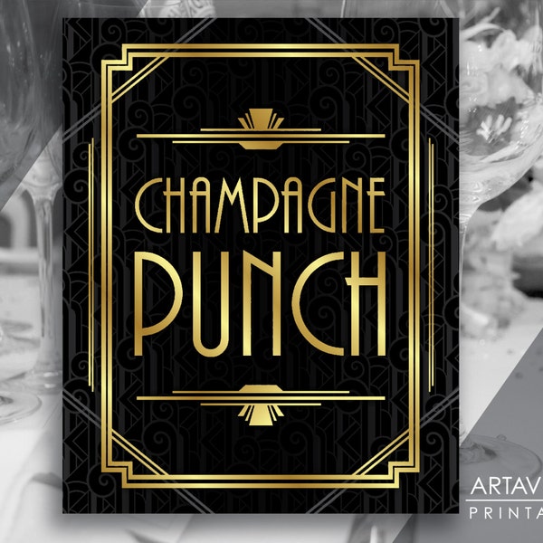 Gatsby Party Printable Gatsby Wedding Sign Art Deco Pattern Background - "CHAMPAGNE PUNCH" Sign - Faux Gold digital file - ADC1