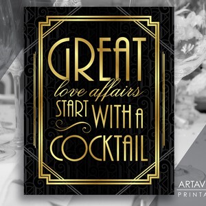 Znak baru na wesele Gatsby'ego, znak Art Deco do druku, Wielkie romanse zaczynają się od koktajlu, wesele w latach 20. XX wieku, natychmiastowe pobranie ADC1