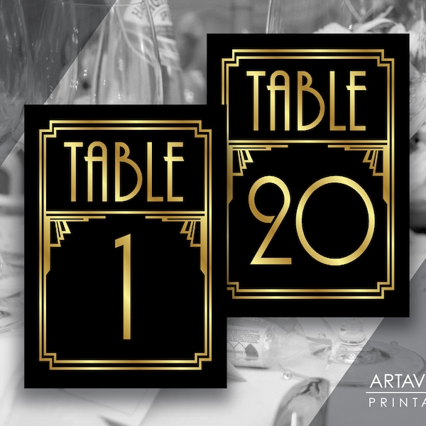 Art Deco Tischnummern Zeichen Printables, 5x7 Tischnummern 1-20, schwarz und Gold Art Deco Gatsby Party Roaring 20er Jahre Hochzeit Jpg SVG Downloads