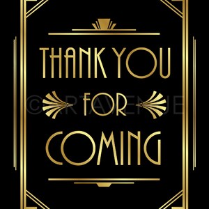 Peut inclure: Une carte de remerciement de style art d&eacute;co dor&eacute;e avec le texte "Thank You for Coming" sur un fond noir.