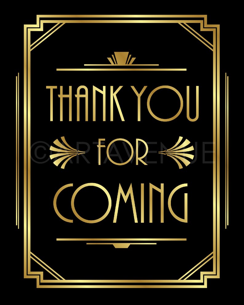 Peut inclure: Une carte de remerciement de style art d&eacute;co dor&eacute;e avec le texte "Thank You for Coming" sur un fond noir.