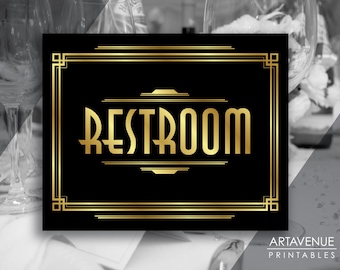 Art Deco Restroom Printable Sign, Gatsby Wedding, Roaring Twenties Party Decor, Art Deco Party Supplies - Black and Gold - ADBG1