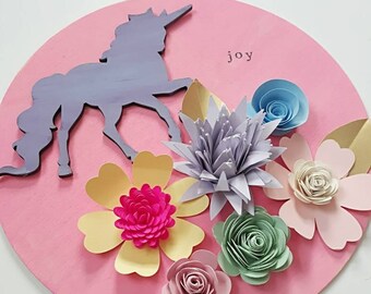 Unicorn wood sign, decor for nursery or girls room, paper flower sign, floral signs Unique Christmas Gift