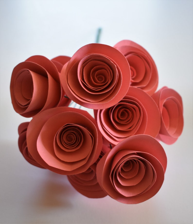 Paper Flowers, Coral Paper Flower Bouquet, Stemmed Paper Roses image 4