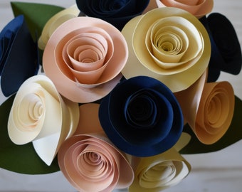 Valentines Day Flowers, Paper Flower Bouquet, Blush Ivory and Navy Blue Flower Bouquet, Valentines Day gifts for her
