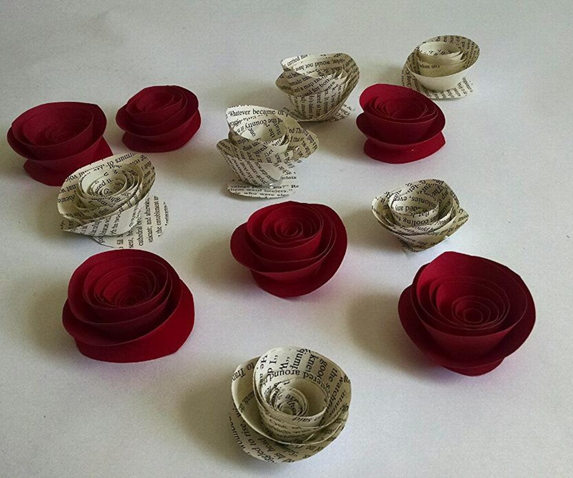 Book Page Roses Red Roses Paper Roses Set of 12 Card Etsy