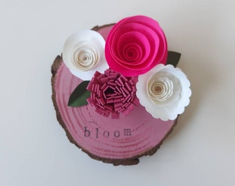 Decorative Wood Slice featuring the word bloom, spring decor with unique paper flowers, painted wood slice