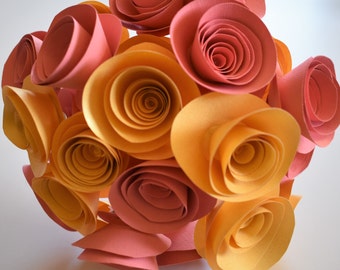 Coral and Gold Paper Flowers, Wedding Flowers, Paper Flower Bouquet, Paper Roses