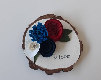 Decorative Wood Slice featuring the word bloom, spring decor with unique paper flowers, painted wood slice