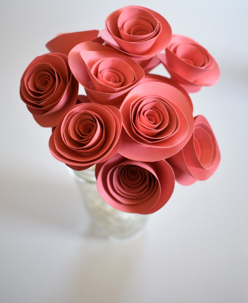 Paper Flowers, Coral Paper Flower Bouquet, Stemmed Paper Roses image 3