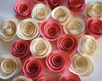 Coral Wedding Decor, Coral and Ivory Paper Roses, Card Stock Flowers