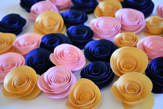 Navy Blue Blush Pink And Gold Table Decor Paper Roses Etsy