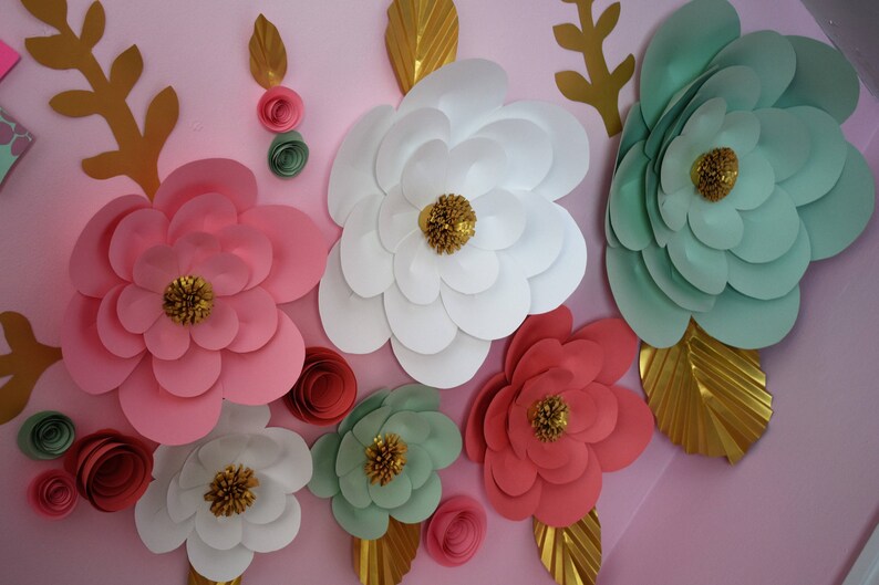 Mint Pink Coral and Gold Nursery Wall Decor Paper Flower Etsy