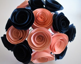 Navy Blue and Blush Pink Wedding Paper Flower Bouquet, Bridal Bouquet, Stemmed Paper Flowers