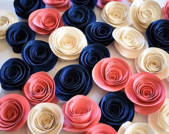 Navy and Coral Decor - Navy, Coral, and Ivory Loose Paper Flowers, Paper Roses