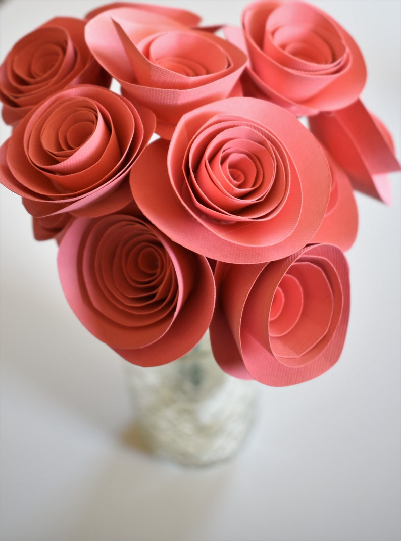 Paper Flowers, Coral Paper Flower Bouquet, Stemmed Paper Roses image 2