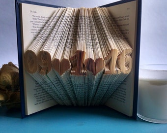 May include: A book with the word "LOVE" folded into the pages. The book is open and the pages are fanned out to create the word. The book is on a blue surface.
