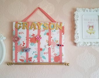 Floral Hair Bow and Headband Organizer, Mint and Coral Nursery Decor