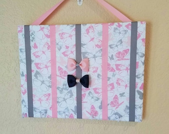Butterfly Hair Bow and Headband Organizer, Pink and Gray Nursery Decor