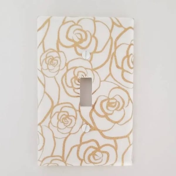 Gold Outlined Roses Light Switch- Outlet Cover- Switch Plate Cover-Gold Nursery Decor- Gold Light switch cover- Gold and White outlet cover