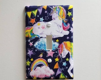 Unicorn Light Switch Cover - Navy Fabric, Kids Nursery Decor