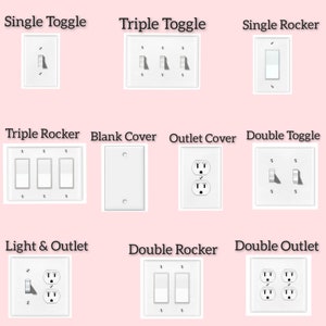 Puede incluir: Una colecci&oacute;n de placas de pared el&eacute;ctricas blancas con diferentes configuraciones de interruptores y tomas de corriente. Las placas incluyen un interruptor simple, un interruptor triple, un interruptor basculante simple, un interruptor basculante triple, una cubierta en blanco, una cubierta de toma de corriente, un interruptor doble, una luz y una toma de corriente, un interruptor basculante doble y una toma de corriente doble.