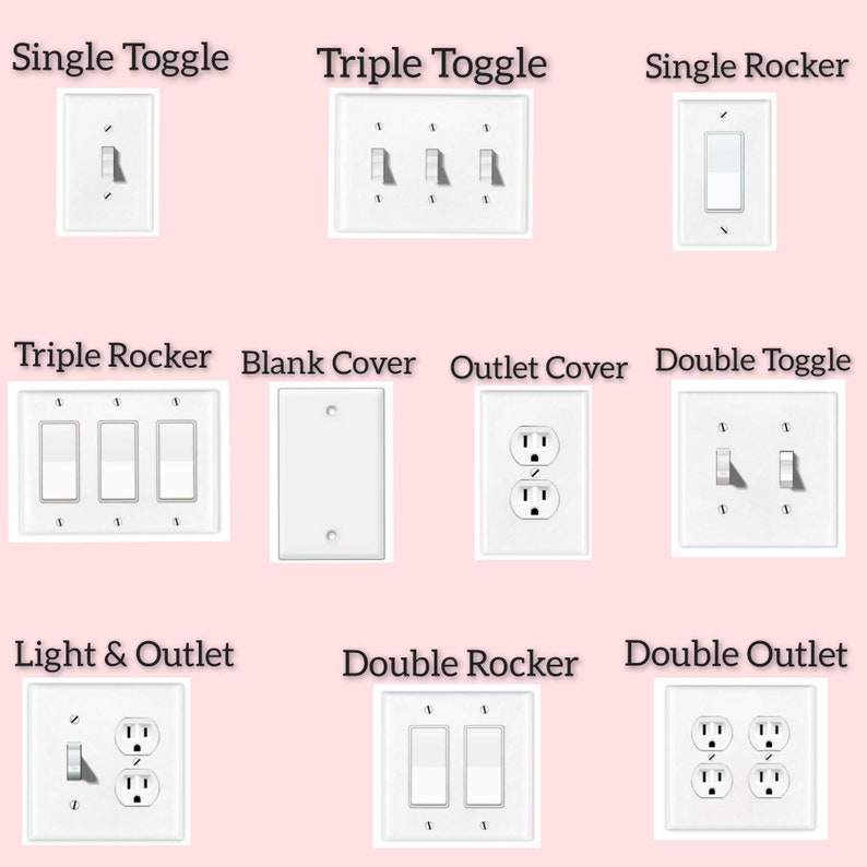 Puede incluir: Una colecci&oacute;n de placas de pared el&eacute;ctricas blancas con diferentes configuraciones de interruptores y tomas de corriente. Las placas incluyen un interruptor simple, un interruptor triple, un interruptor basculante simple, un interruptor basculante triple, una cubierta en blanco, una cubierta de toma de corriente, un interruptor doble, una luz y una toma de corriente, un interruptor basculante doble y una toma de corriente doble.