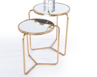 Metal nest of tables, 2 side tables, Gold Gilt Leaf, minimalist interior decor, set of two tables, living room, dining room, Hall, Bedroom
