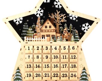 Wooden Star Shaped Advent Calendar with Light up House Scene