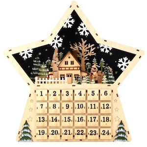 Wooden Star Shaped Advent Calendar with Light up House Scene