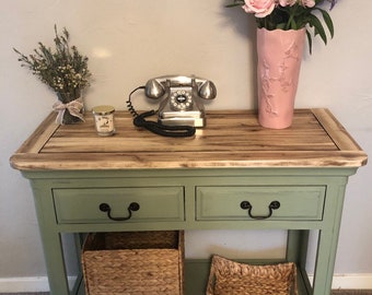 SOLD Console Hall table, Solid hardwood, entryway storage unit, sideboard, wicker baskets, traditional design, hand painted bramwell, green