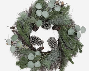 Green Snowy Pine Needle Wreath 55cm, Christmas decoration, Pinecone, wall or door hung, woodland, Frosted - (TK011)