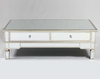 Pre Order Silver Mirrored Coffee Table, contemporary, new, high shine, modern design, with storage drawers, champagne colour