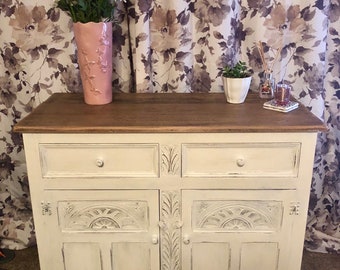 SOLD Shabby chic solid oak sideboard, cupboard, dresser, hand painted in Rustoleum antique white, distressed, clear wax