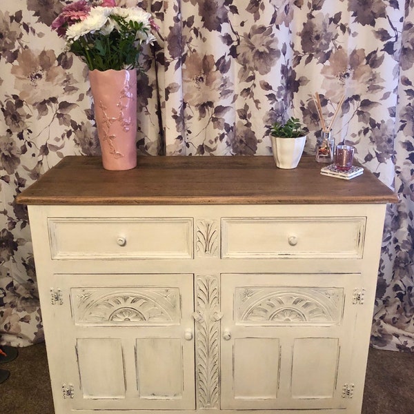 SOLD Shabby chic solid oak sideboard, cupboard, dresser, hand painted in Rustoleum antique white, distressed, clear wax